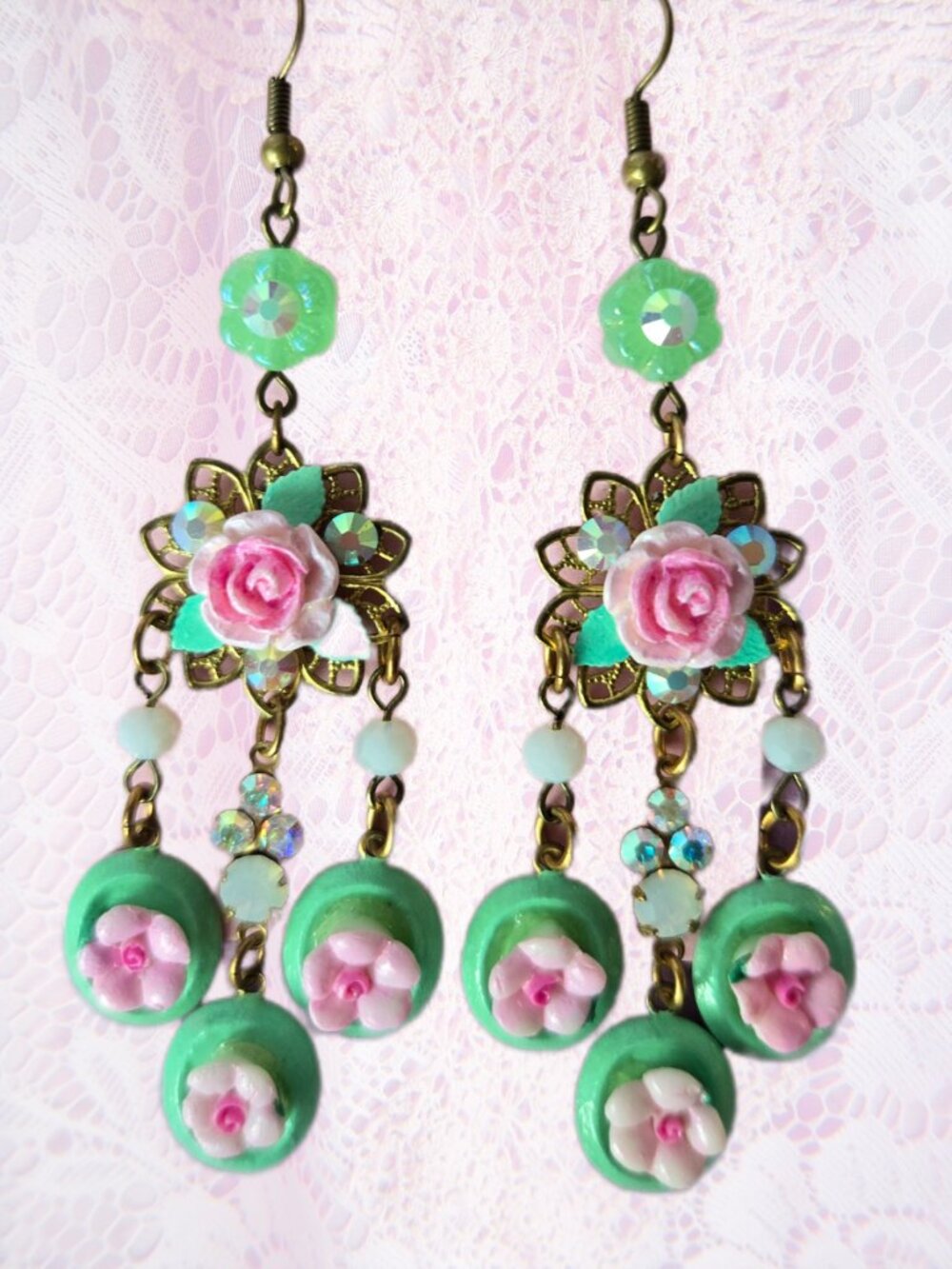 Handmade Rose Chandelier Earrings  Pink Cherry Blossom Cameos Romantic Coquette